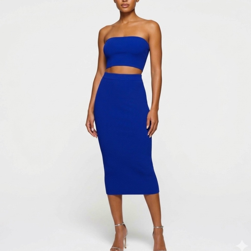 Paxton Skirt Set 2 piece Knit Bodycon Strapless Bandeau Blue S Coquette